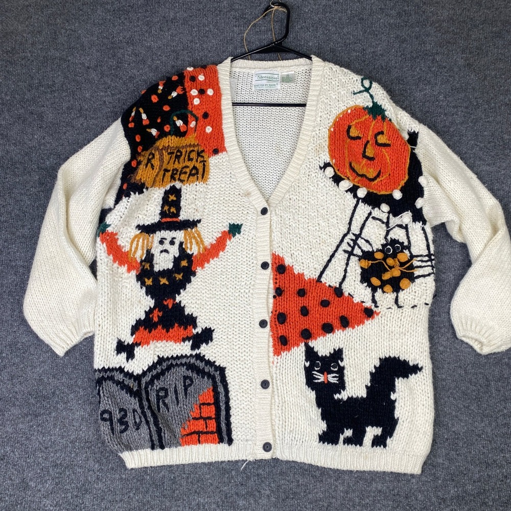 Shenanigans Vintage Hand Knit Halloween Cardigan Sweater Witch Cat Pumpkin Med
